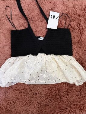 Zara Black Crop Top with White Eyelet Ruffle